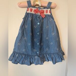 Adorable vintage Little Me denim sundress with embroidered flowers, size 18 mo
